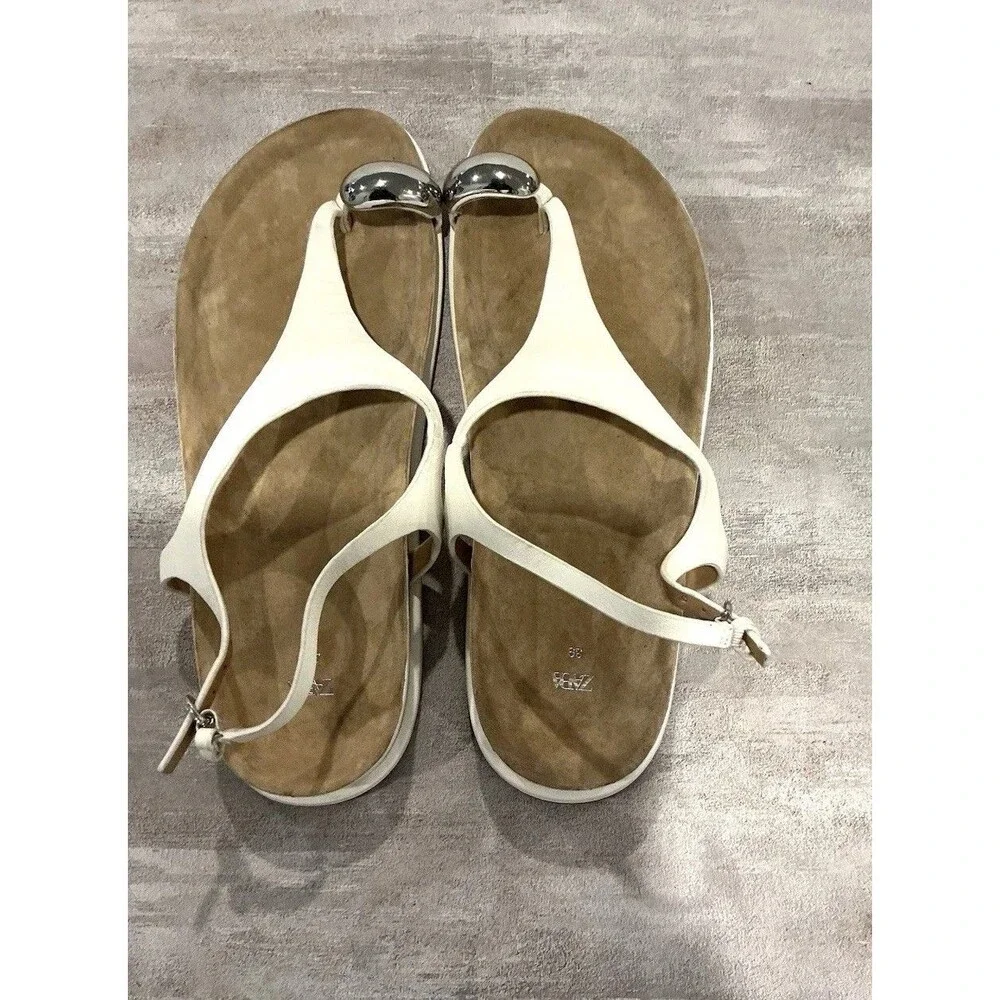 Zara Flat Leather Sandals with Metallic Bead - White EUR 39 US 8 - NWOT - Picture 8 of 16